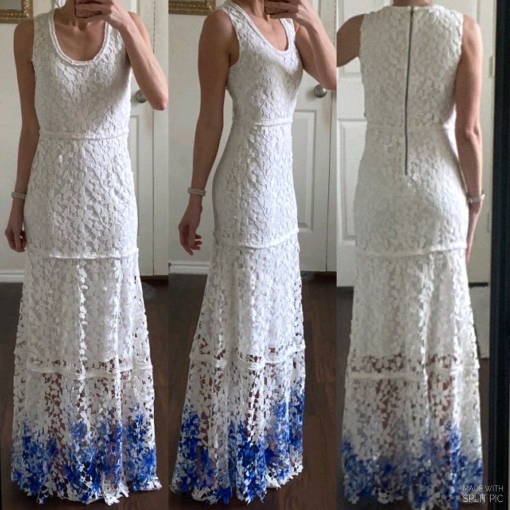 Elie Tahari white royal blue lace crochet floral sleeveless casual maxi dress